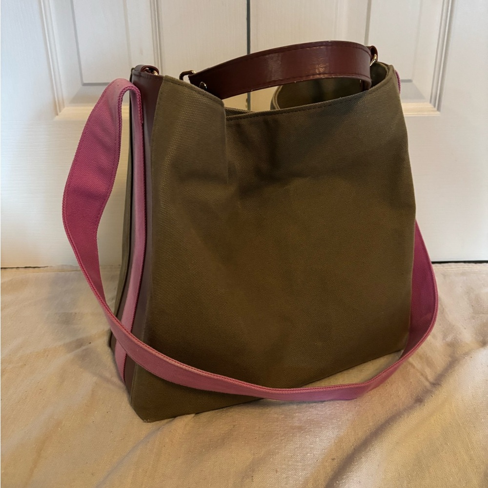 Bagging Rights Bucket Bag, olive color with pink and burgundy leather trim
